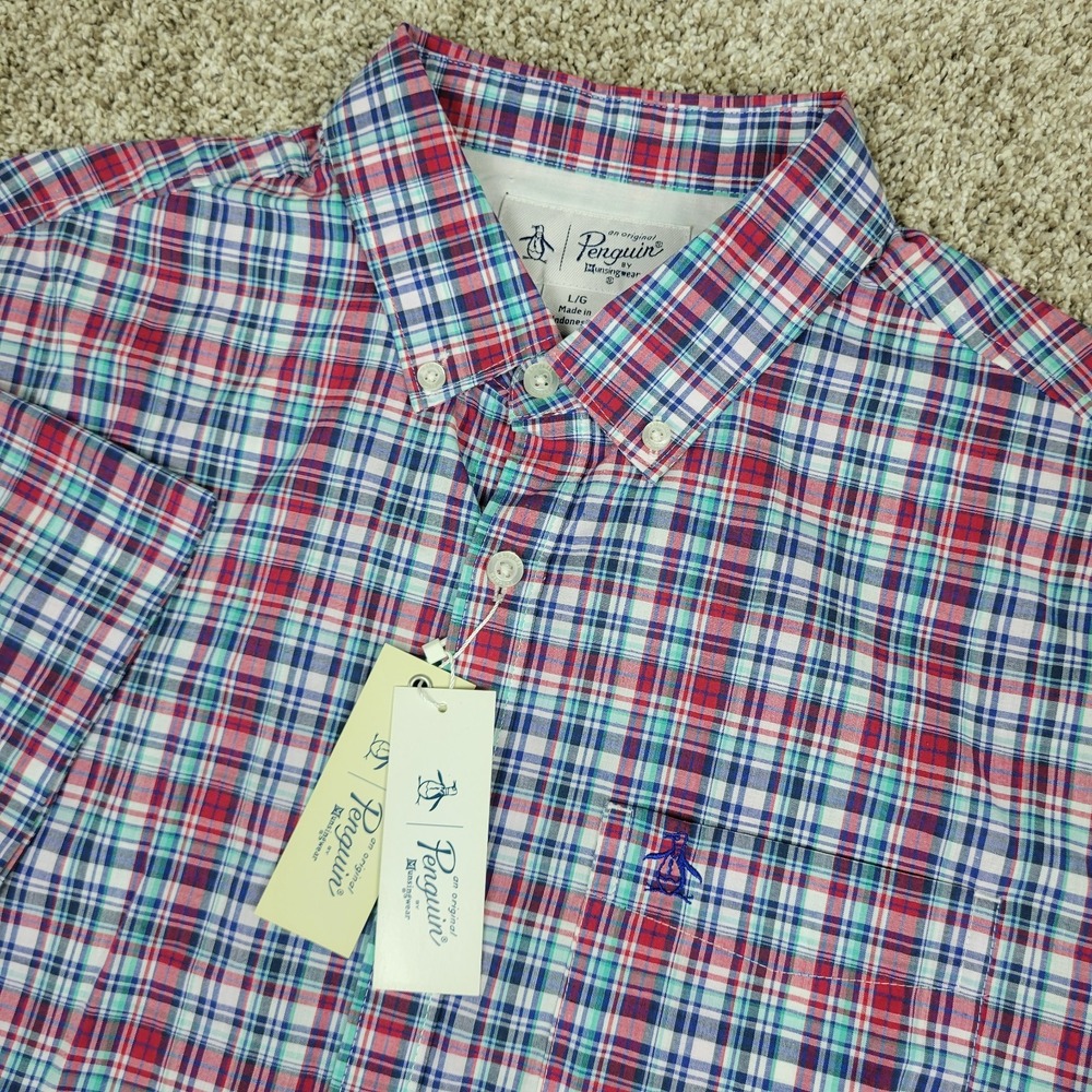 NWT Penguin Mens Large Multicolor Plaid Button Down Short Sleeve